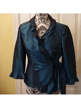 Alex Evenings  Womens  Blue Ruffle Collar Formal   Tie Front Jacket  Size SP